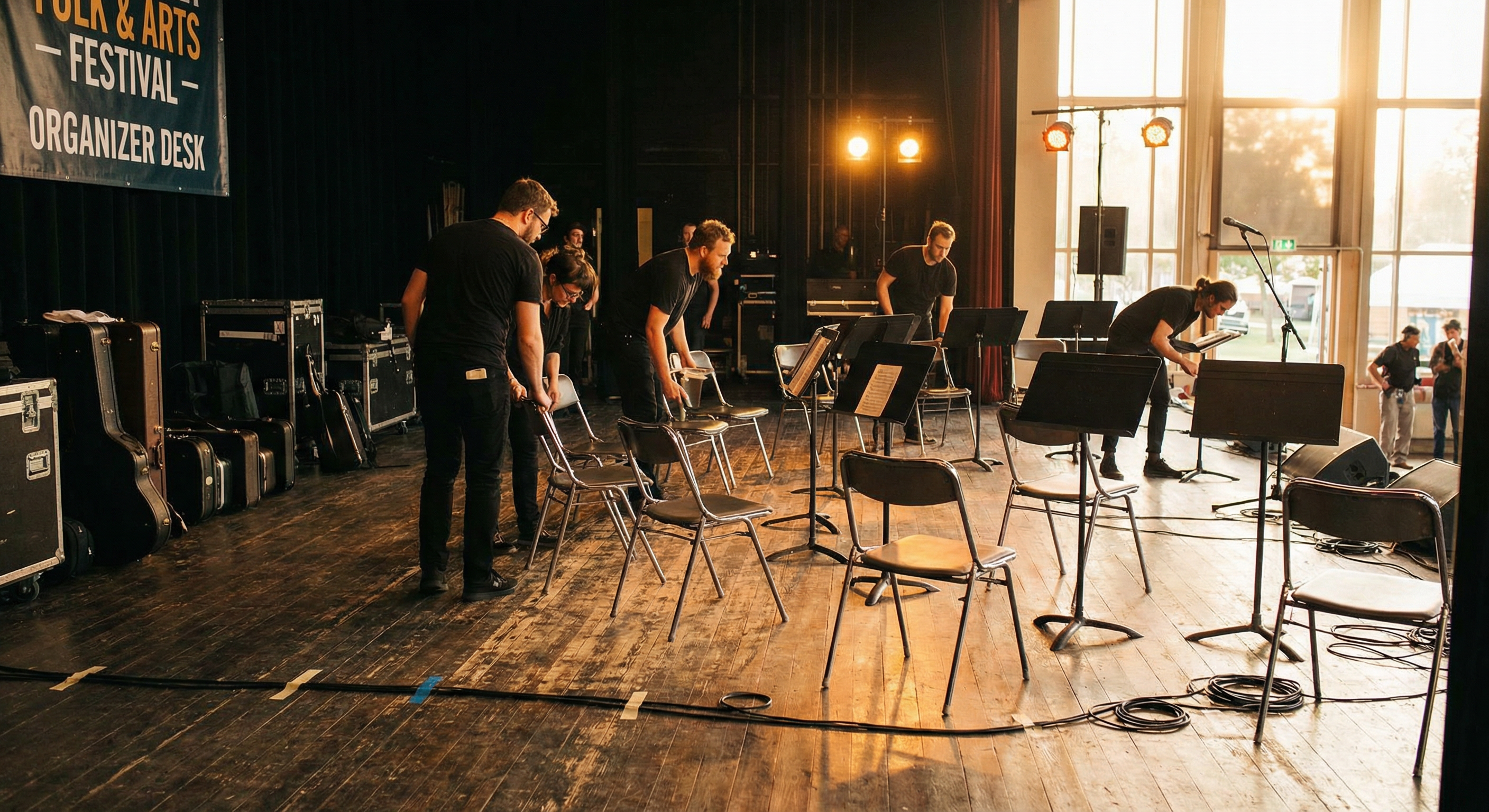 Festival organizers reviewing schedules and registrations