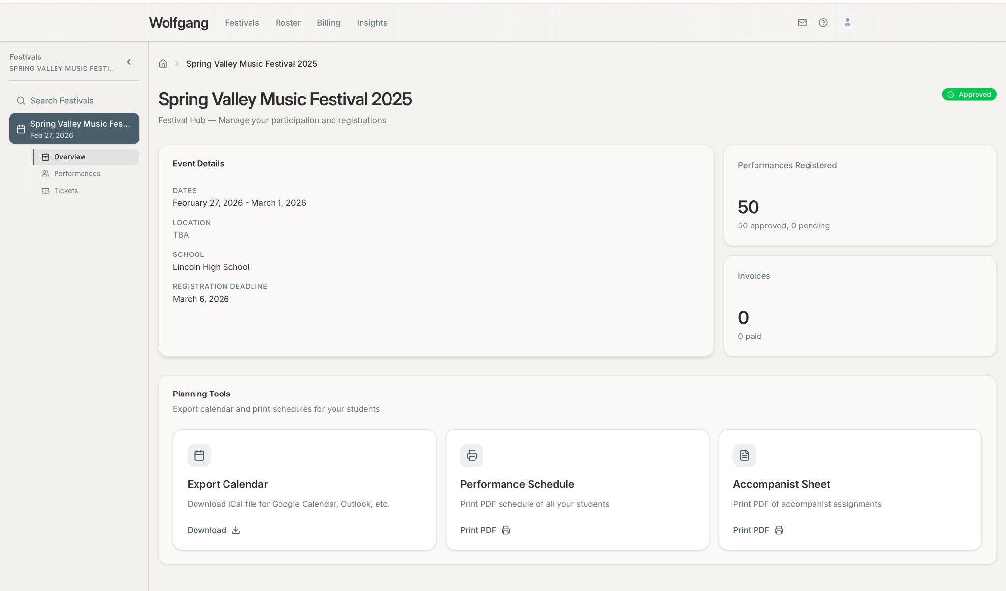 Teacher dashboard with festival links and student management